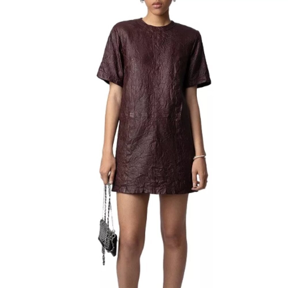 Zadig & Voltaire Chocolate Brown Crinkled Lamb Leather Ridley Dress 36\S Nwt